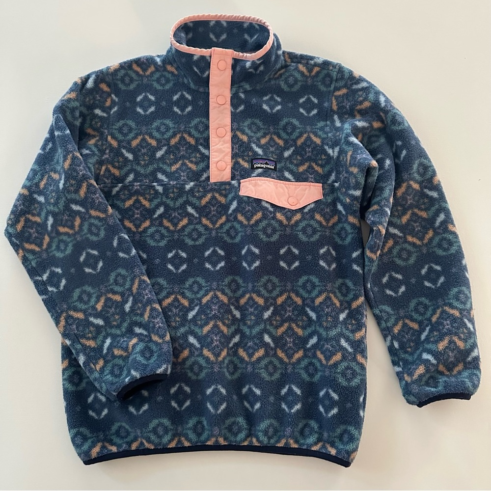 Patagonia Synchilla Girls 10 Snap T Fleece Pullover Sweater Blue Pink